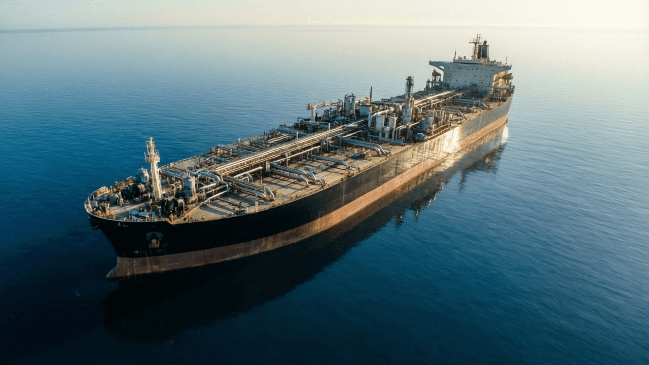 Tankerdeck mit Rohrleitungen, Ventilen und technischer Ausstattung von oben.