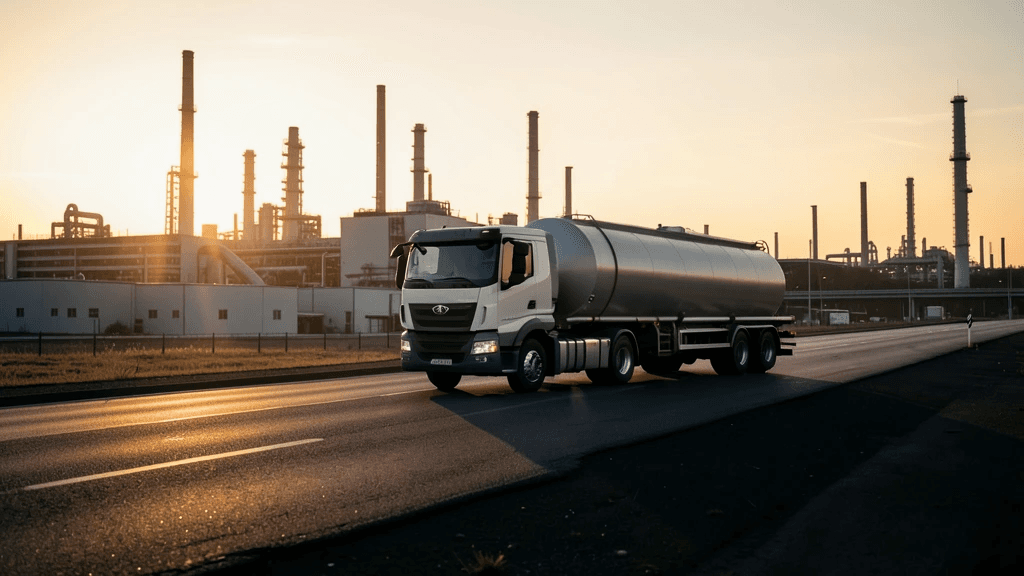 Tanklastzug mit Raffinerie im Hintergrund — goldenes Licht, Kraftstoff- und Industrielogistik.