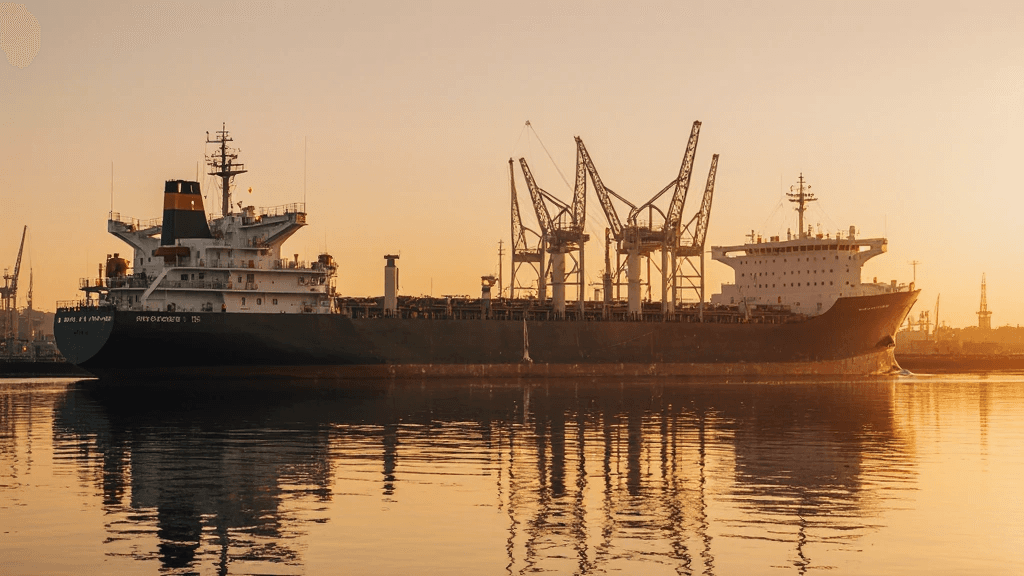 Fracht- oder Tankschiff in maritime-industrieller Szenerie.